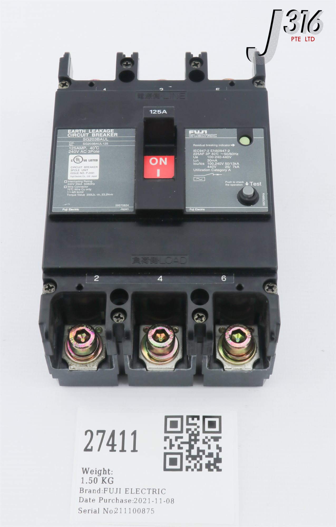 27411 FUJI ELECTRIC SG203BAUL EARTH LEAKAGE CIRCUIT BREAKER, 125A